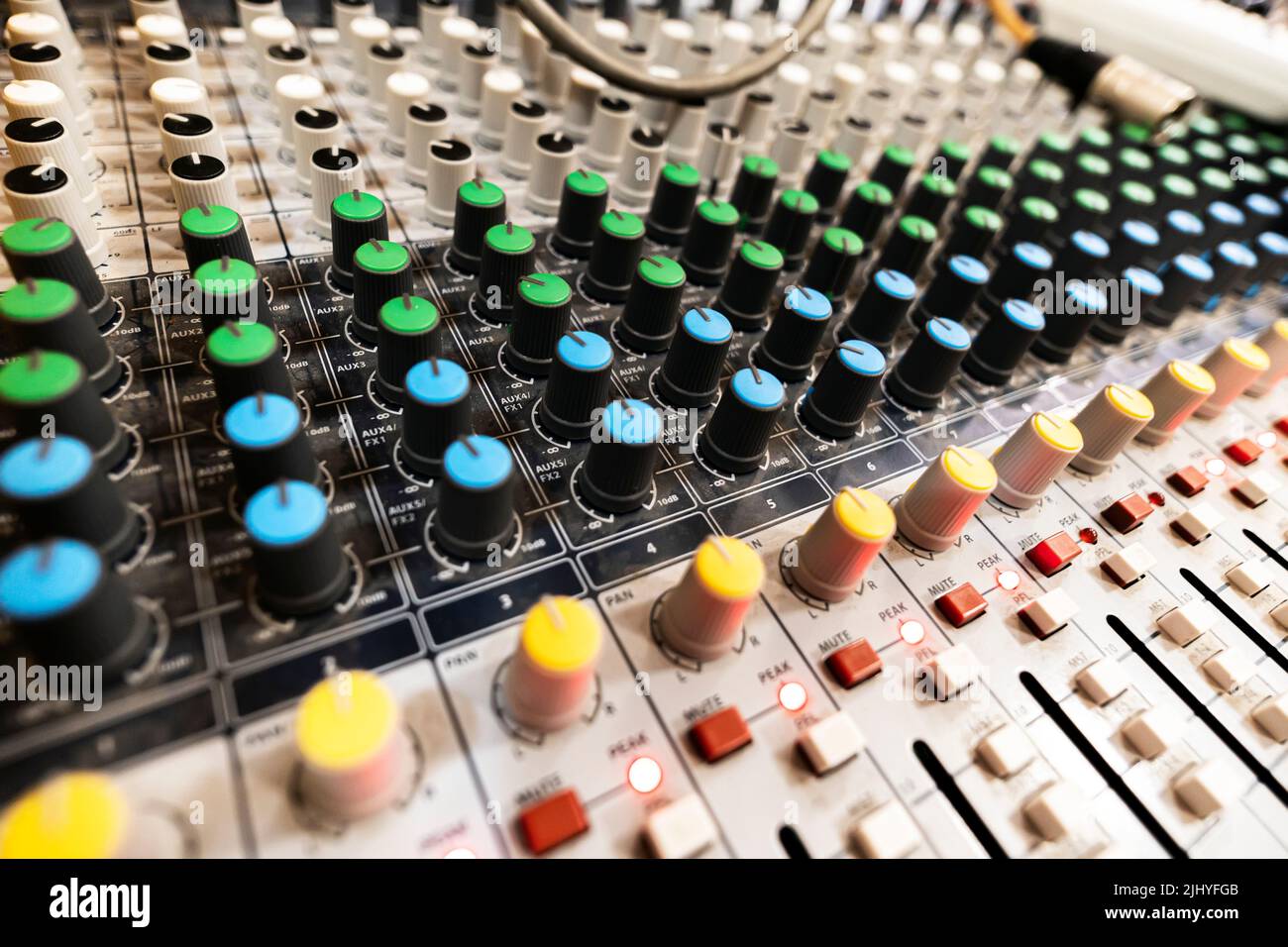 A mixing console for setting up and recording closeup sound. Recording