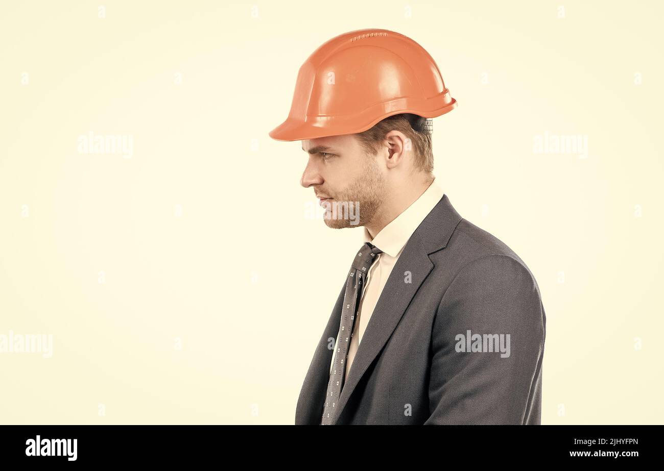 Engineering with value. Profile portrait of engineer. Civil engineer side-face. Construction man Stock Photo