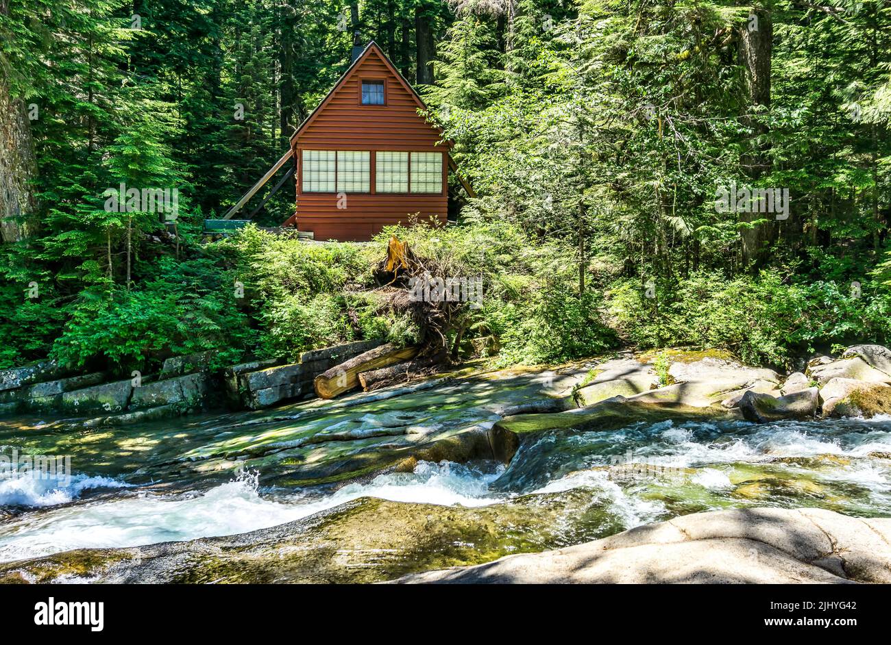 A view of an Aframe home at Denny Creek in Washington State. Stock Photo