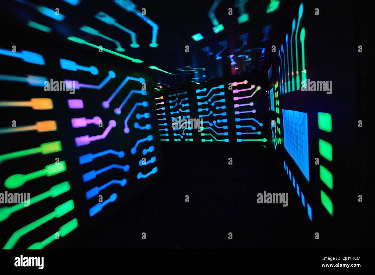 Unusual colorful lights in small tunnel Stock Photo