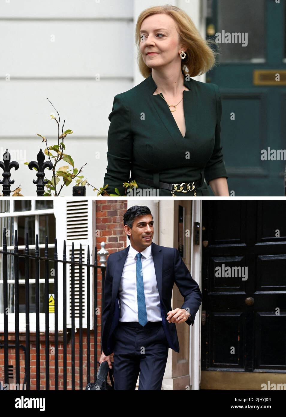 A combination picture shows British Foreign Secretary and Conservative leadership candidate Liz Truss leaves her house in London, Britain, July 20, 2022, and Conservative leadership candidate Rishi Sunak leaves an office building in London, Britain, July 20, 2022. REUTERS/Toby Melville and Henry Nicholls Stock Photo