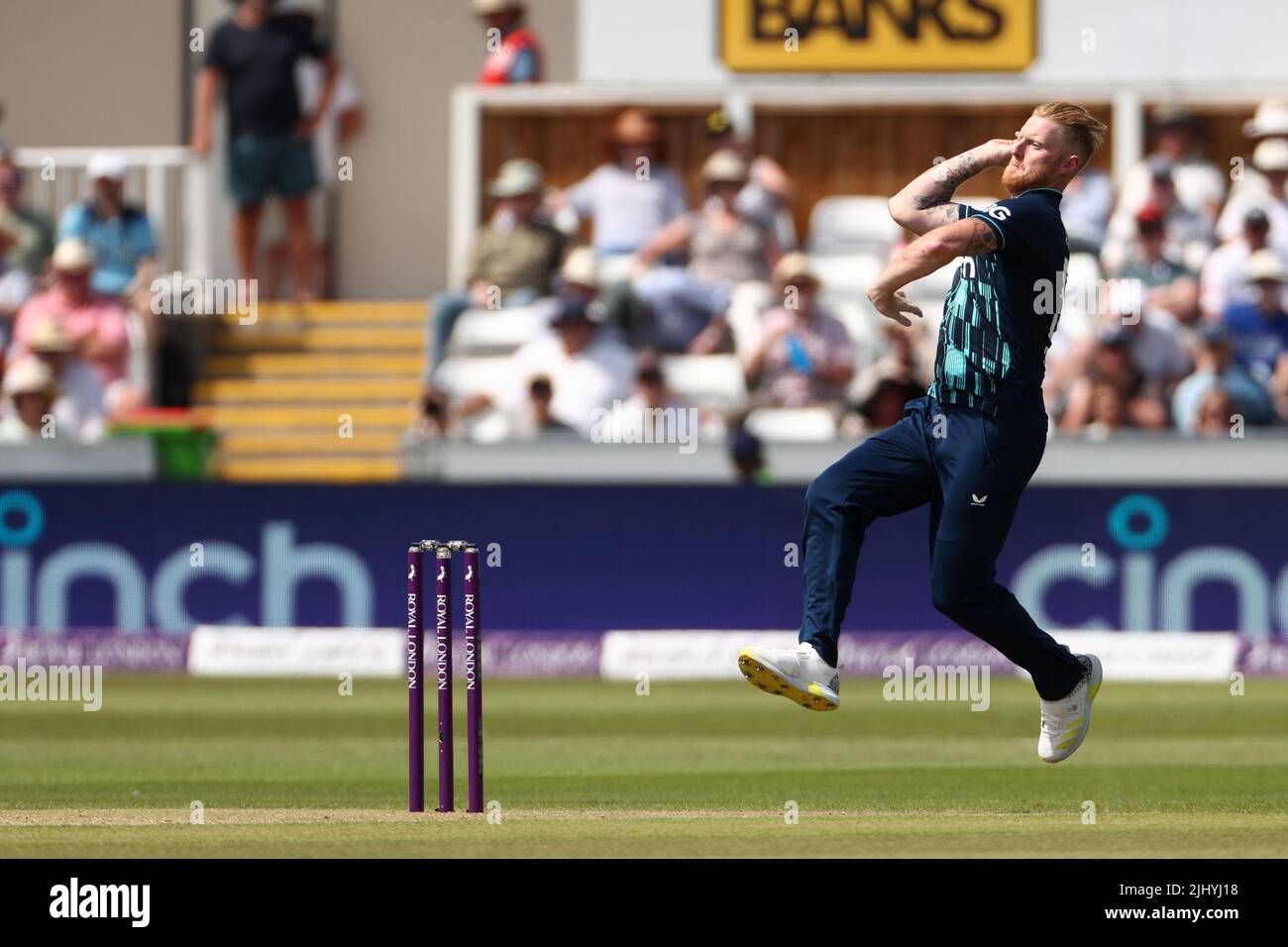 Ben Stokes of England bowling during the Royal London One Day Series match between England and South Africa at the Seat Unique Riverside, Chester le Street on Tuesday 19th July 2022. (Credit: Mark Fletcher | MI News) Stock Photo
