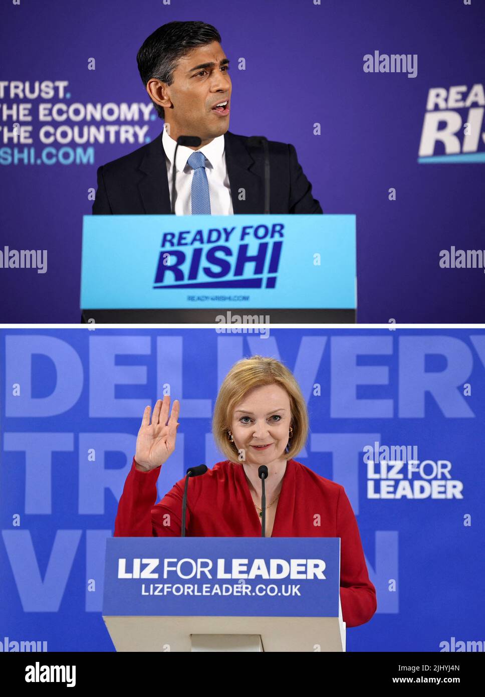 A combination picture shows Former Chancellor of the Exchequer Rishi Sunak speaks to the media at an event to launch his campaign to be the next Conservative leader and Prime Minister, in London, Britain, July 12, 2022, and British Foreign Secretary and Conservative leadership campaign candidate Liz Truss speaks during her campaign launch event, in London, Britain July 14, 2022. REUTERS/Henry Nicholls and Toby Melville Stock Photo