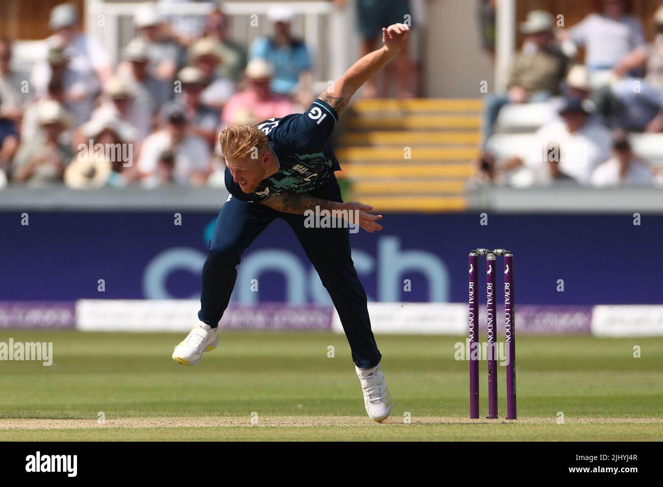 Ben Stokes of England bowling during the Royal London One Day Series match between England and South Africa at the Seat Unique Riverside, Chester le Street on Tuesday 19th July 2022. (Credit: Mark Fletcher | MI News) Stock Photo