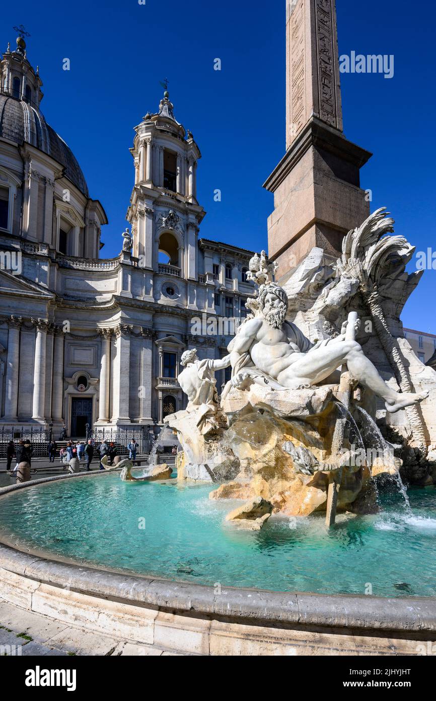 Fontana dei Quattro Fiumi  (Fountain of the Four Rivers),   designed by Gian Lorenzo Bernini in 1651. in the Piazza Navona. Rome, Italy Stock Photo