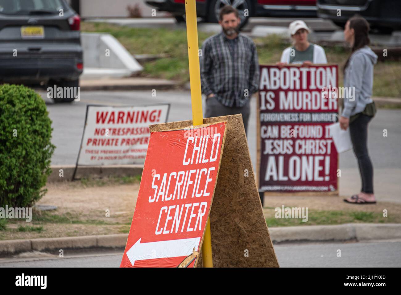 Christians gather outside an abortion facility in Tulsa, Oklahoma, to dissuade mothers from killing their babies, to offer help to the parents, to educate those deceived by abortion myths, and to pray for all involved. (USA) Stock Photo