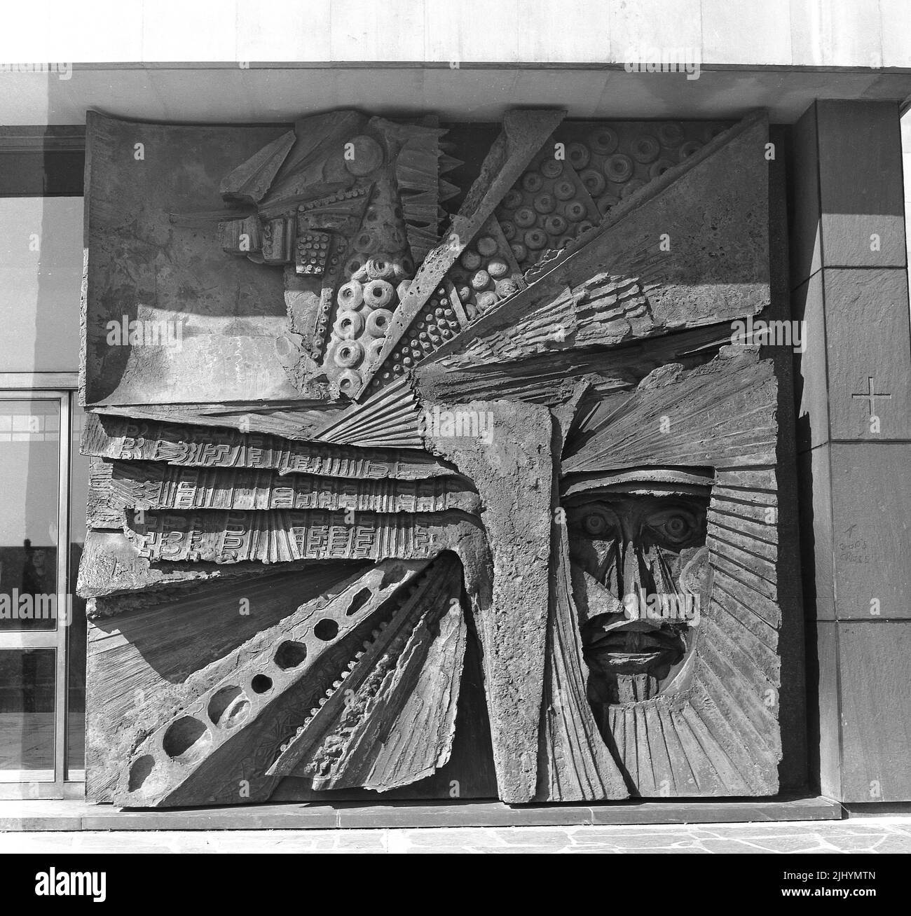 1969, historical, exterior of Liverpool Metropolitan Cathedral, Liverpool, England, UK showing the wall art. Stock Photo