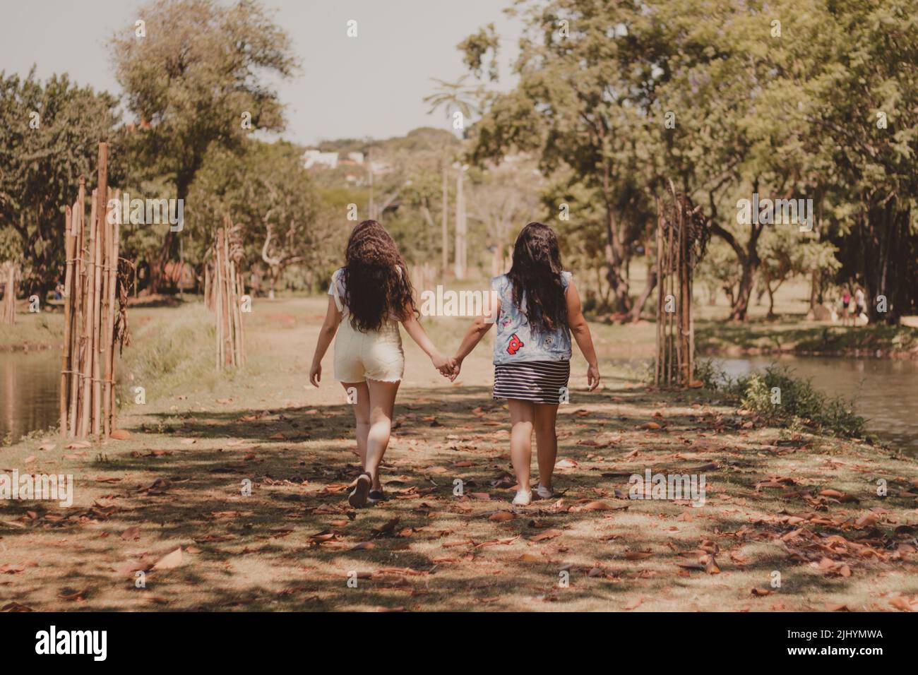 two young woman walking hand in hand in the park Stock Photo - Alamy