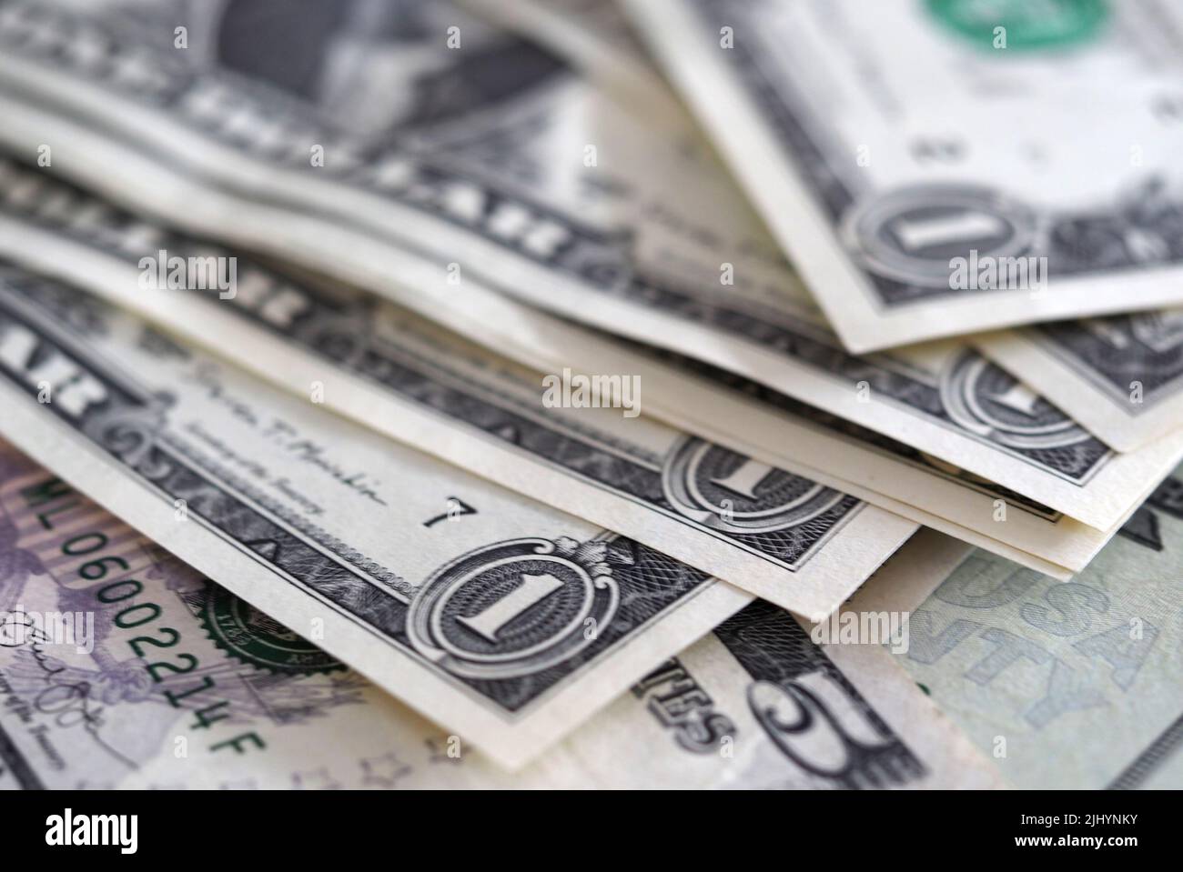 Germany. 21st July, 2022. In this photo illustration, one and five dollar bills seen on display. (Credit Image: © Igor Golovniov/SOPA Images via ZUMA Press Wire) Stock Photo