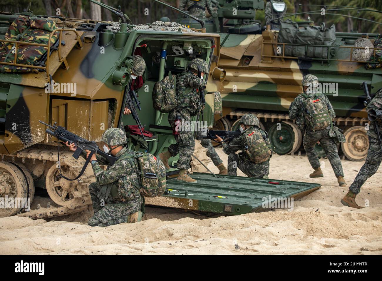 Republic of Korea Marines with the 1st Assault Amphibian Vehicle Battalion, 1st Marine Division hold an amphibious assault exercise, part of the Rim of the Pacific multinational training at Bellows Marine Corps Station, July 14, 2022 in Waimanalo, Hawaii. Stock Photo