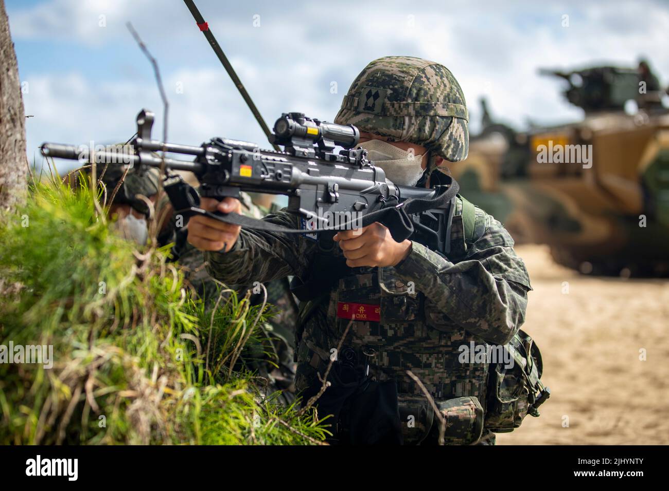 Republic of Korea Marines with the 1st Assault Amphibian Vehicle Battalion, 1st Marine Division hold an amphibious assault exercise, part of the Rim of the Pacific multinational training at Bellows Marine Corps Station, July 14, 2022 in Waimanalo, Hawaii. Stock Photo