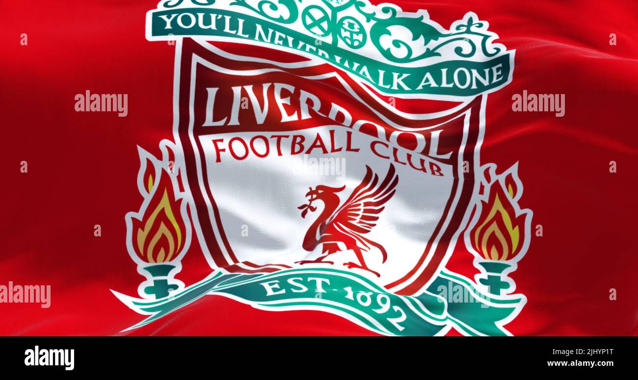 Liverpool, UK, July 2022: The flag of Liverpool Football Club waving. Liverpool F.C. is a professional football club based in Liverpool, England Stock Photo