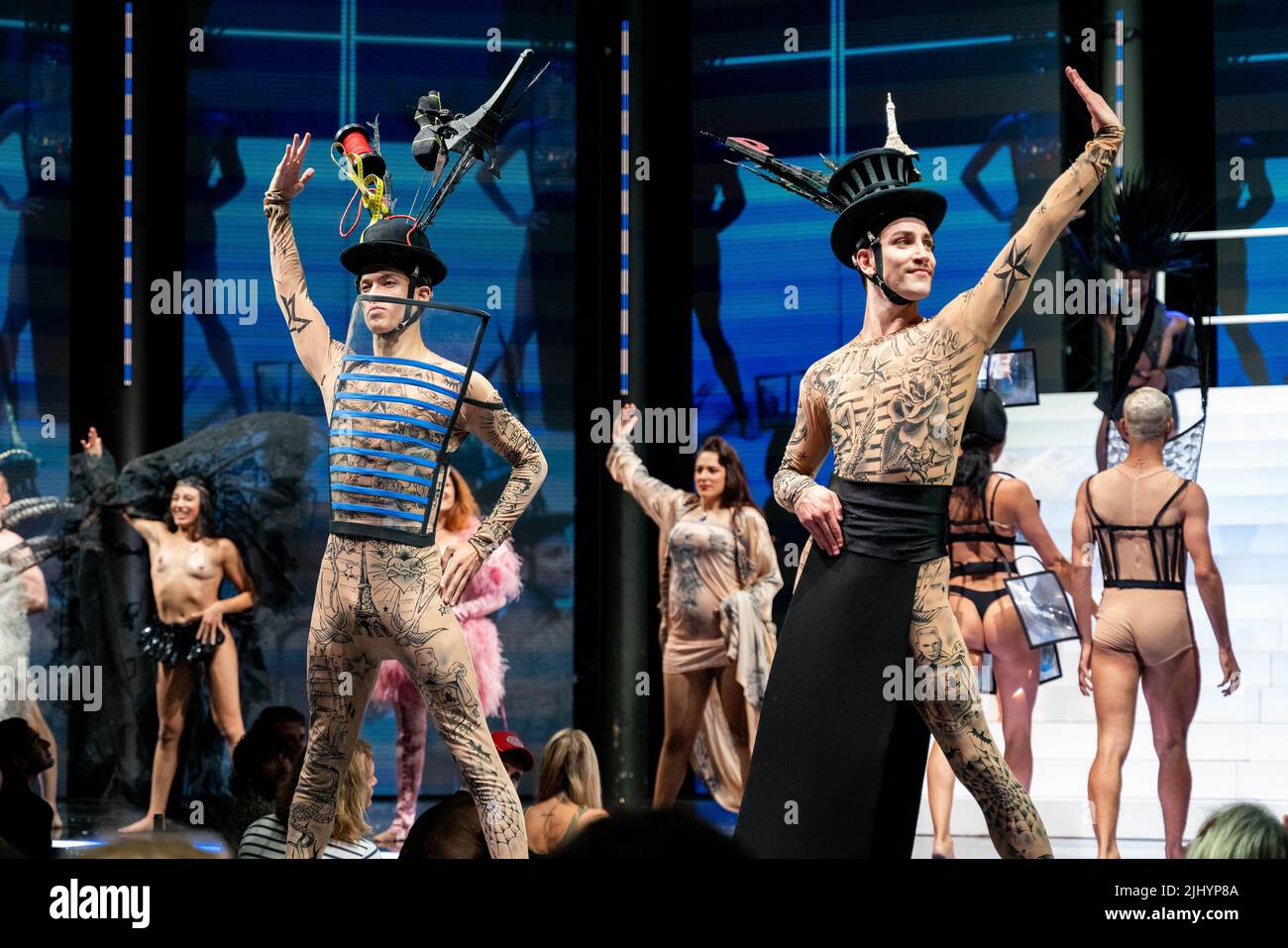 Cast on stage at the curtain call on press night of 'Jean Paul Gaultier's  Fashion Freak Show' The Roundhouse Camden London. 'Jean Paul Gaultier's  Fashion Freak Show' has taken up residence at