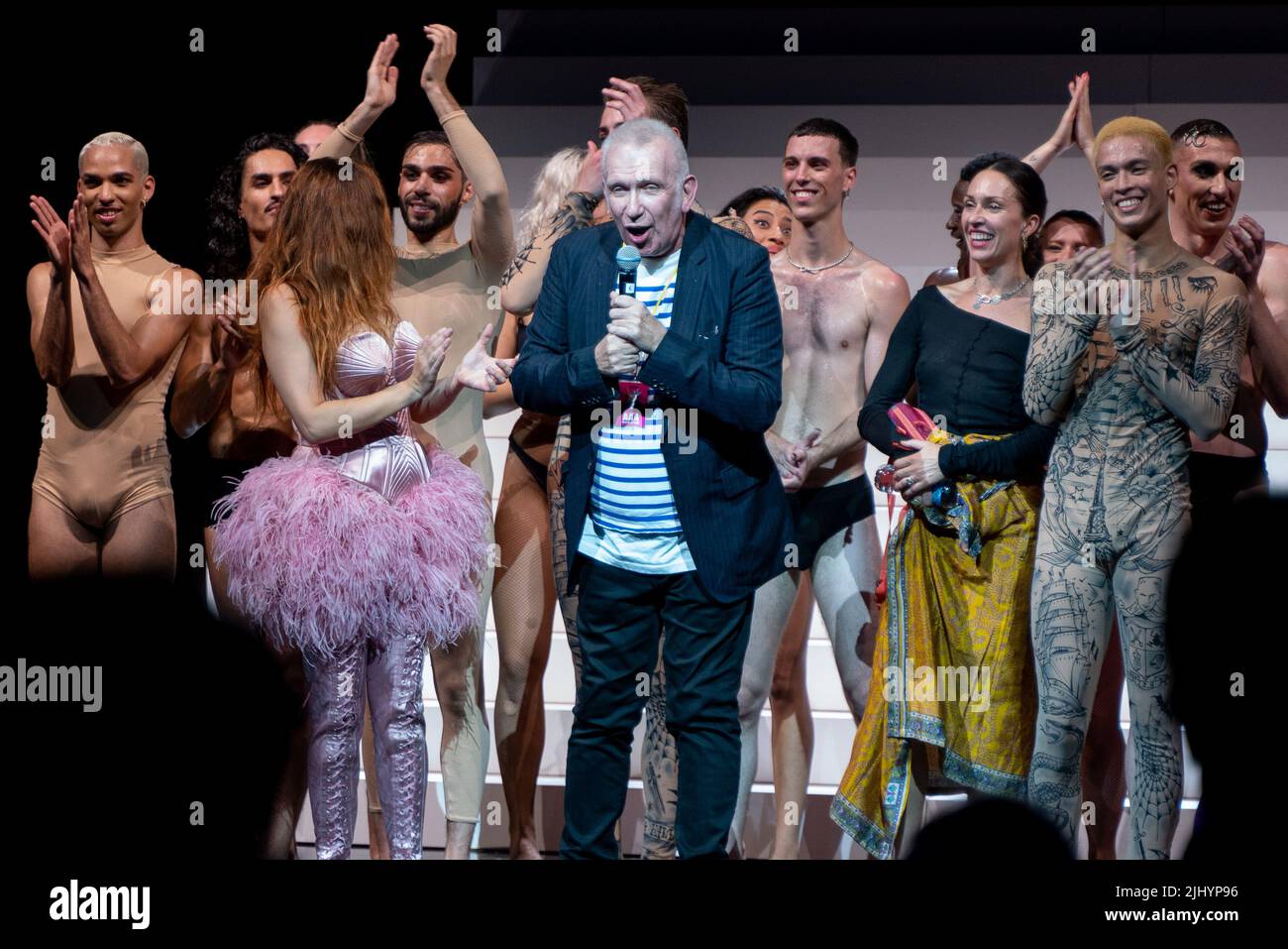 Jean Paul Gaultier joins cast on stage at the curtain call on press night  of 'Jean Paul Gaultier's Fashion Freak Show' The Roundhouse Camden London. 'Jean  Paul Gaultier's Fashion Freak Show' has