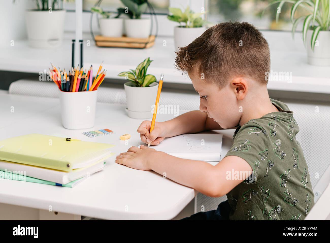Back to school. Kid boy studying at home with book, writing in notepad ...