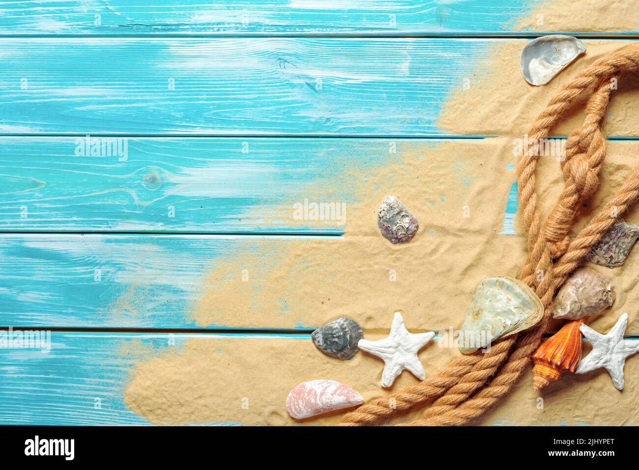 Sea Shell On Ropes sea rope with many different sea shells on the sea sand on a blue ...