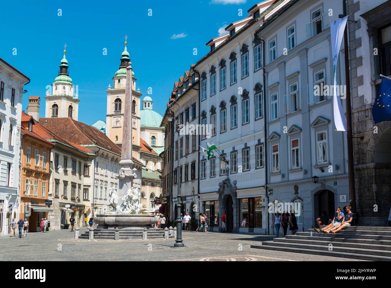 Town Square with Robba Fountain and Ljubljana Cathedral the capital of Slovenia, Ljubljana. Stock Photo