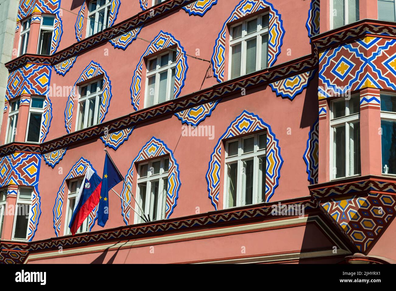 Facade of the Cooperative Business Bank Building designed in 1921 by architect Ivan Vurnik and his wife Helena Vurnik in Ljubljana, Slovenia. Stock Photo