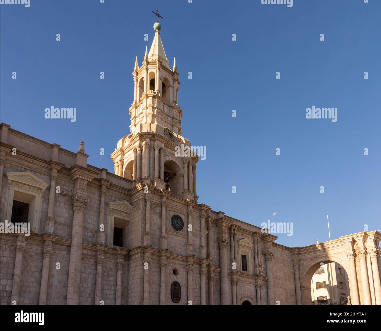 The Basilica Cathedral of Arequipa as seen from Plaza de Armas. Stock Photo