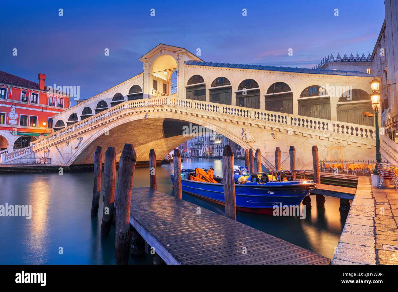 Venice, Italy at the Rialto Bridge over the Grand Canal at twilight. Stock Photo