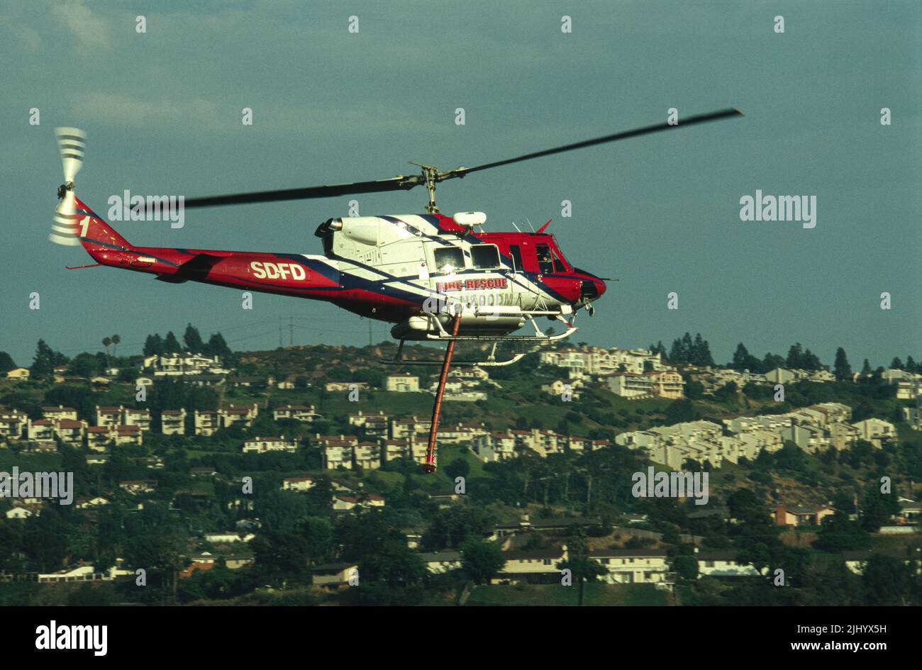 San Diego Fire-Rescue Copter 1 in flight over San Diego Stock Photo