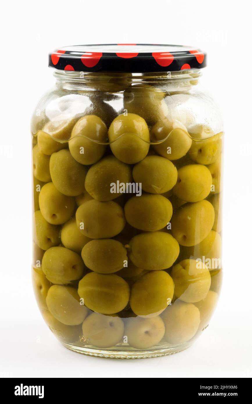 Glass jar with green olives Stock Photo Alamy