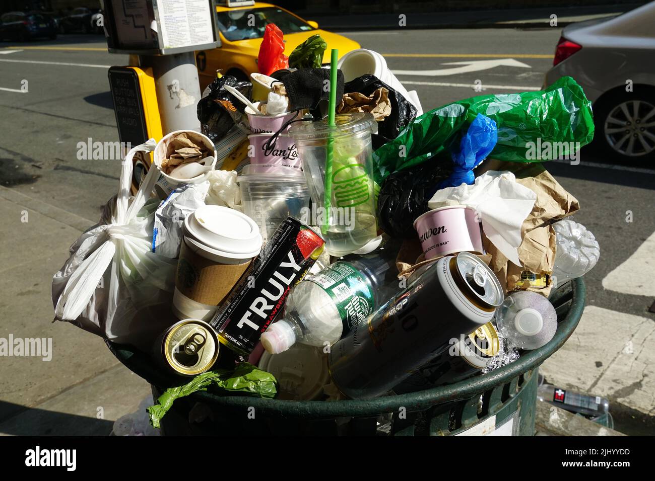 street bin full of garbage, Manhattan, New York City (NYC), State of