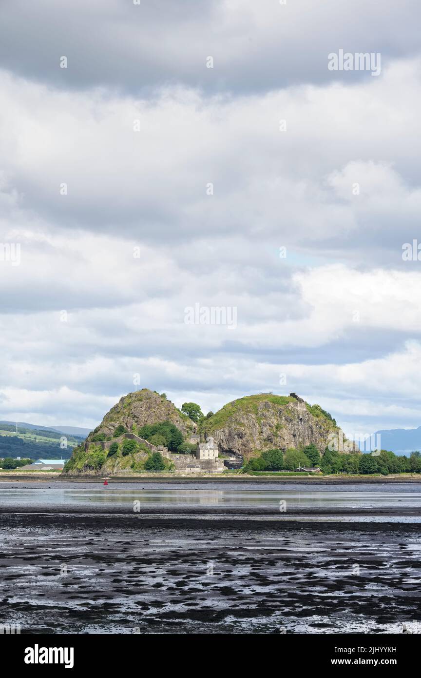 Dumbarton castle building on volcanic rock aerial view from above