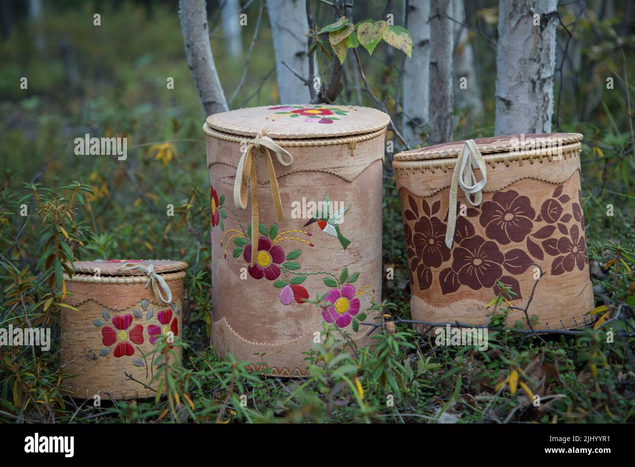 Traditional Indigenous Dene handmade Birch bark baskets with porcupine quillwork, made in Fort Liard, Northwest Territories, Canada. Stock Photo