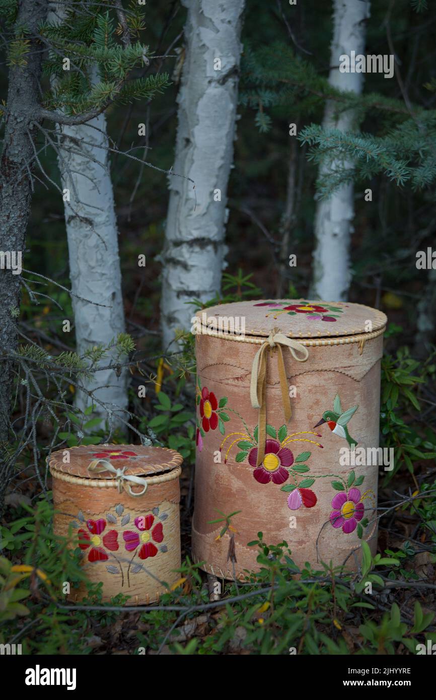 Traditional Indigenous Dene handmade Birch bark baskets with porcupine