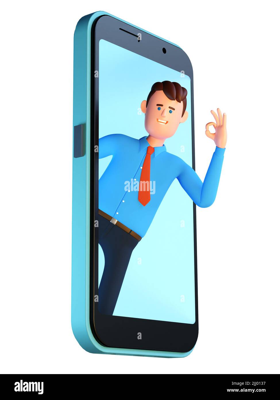 3d man peeking out of smartphone screen with ok gesture Stock Photo Alamy