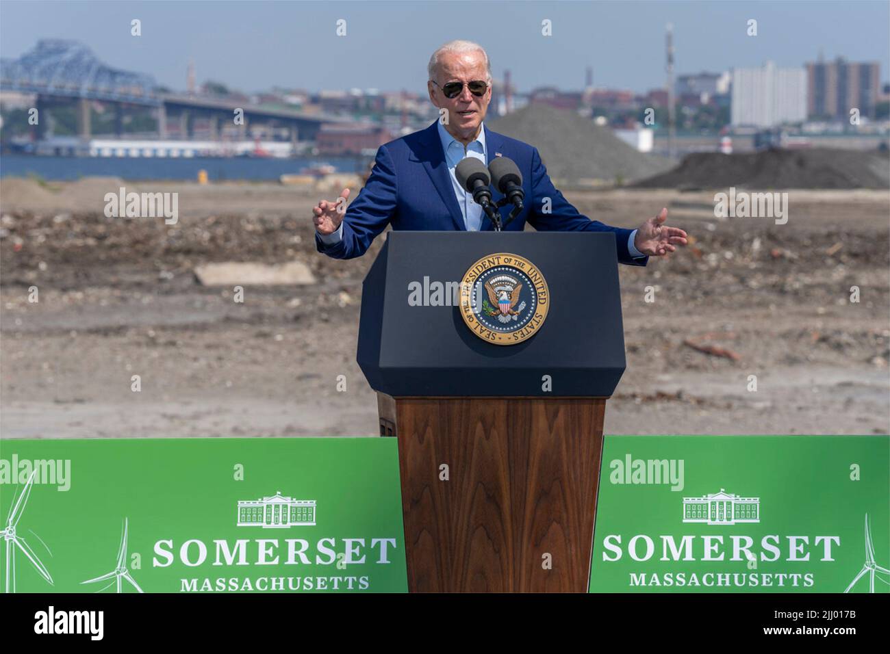 Somerset, United States Of America. 20th July, 2022. Somerset, United States of America. 20 July, 2022. U.S President Joe Biden, delivers remarks on climate change and clean energy outside on the sit of the Brayton Power Station, a former coal-fired power plant, July 20, 2022, in Somerset, Massachusetts. Biden tested COVID-19 positive a day after his trip Credit: Adam Schultz/White House Photo/Alamy Live News Stock Photo