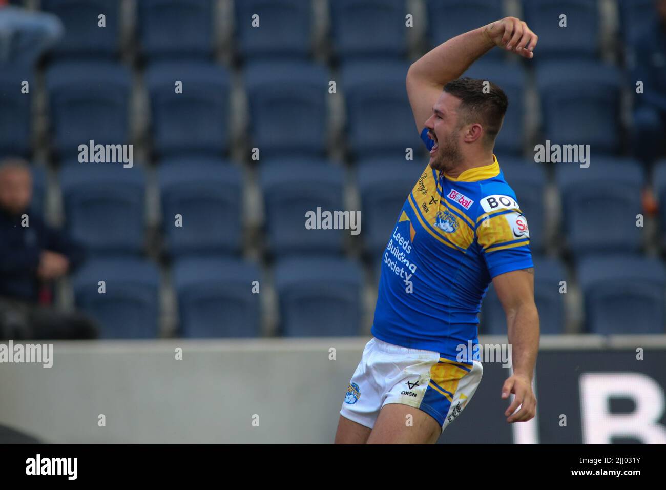 Leeds, UK. 21st July, 2022. Headingley Stadium, Leeds, West Yorkshire, 21st July 2022. Betfred Super League Leeds Rhinos v Wigan Warriors James Bentley of Leeds Rhinos celebrates scoring the 2nd try of the game against Wigan Warriors. Credit: Touchlinepics/Alamy Live News Stock Photo