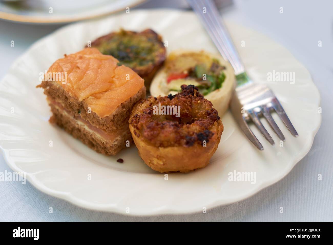 Top view of a delicious plate of food on a table during lunch or dinner at home. Healthy and fresh gourmet meal made at a restaurant. Light snacks Stock Photo