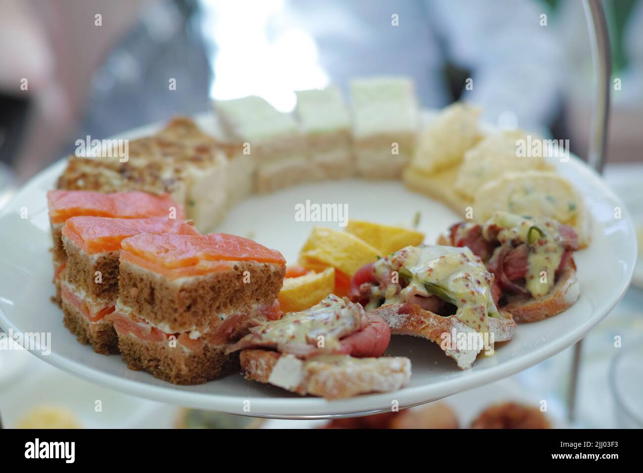Tasty food platter at a luxury dinner event on a table. Delicious plate of food served for lunch or dinner at home. Healthy gourmet meal made at a Stock Photo