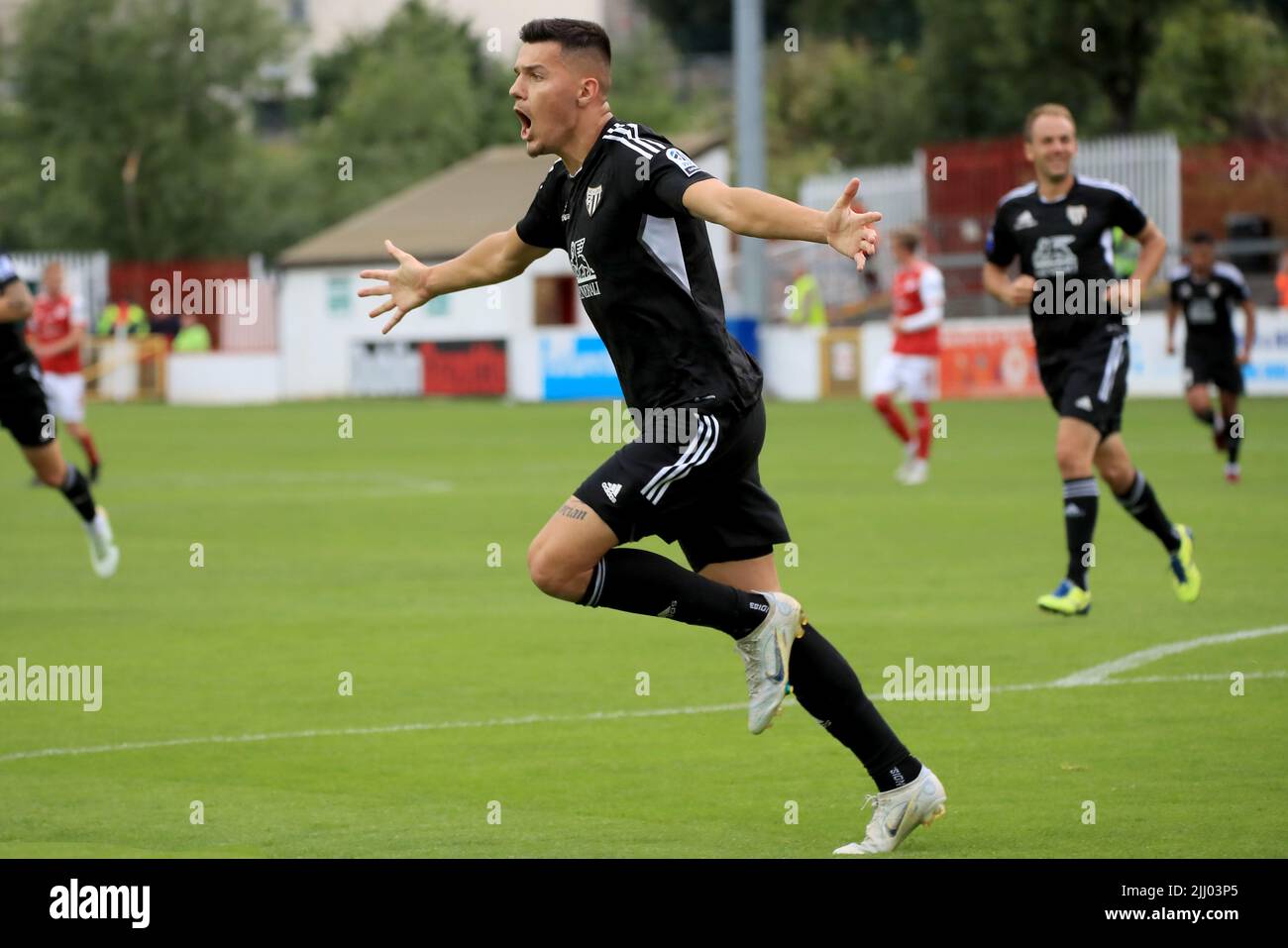 Mura's Mirlind Daku celebrates scoring their side's first goal of the game during the UEFA Europa Conference League second qualifying round first leg match at Richmond Park, Dublin. Picture date: Thursday July 21, 2022. Stock Photo