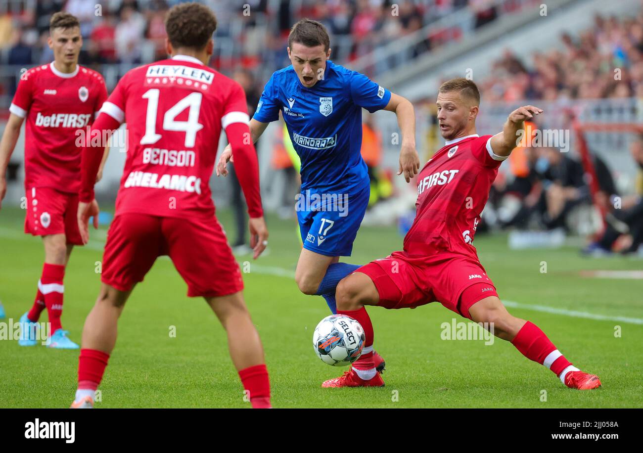 Drita's Almir Ajzeraj and Antwerp's Laurit Krasniqi fight for the ball during a soccer match between Belgian Royal Antwerp FC and Kosovar Klubi Futbollistik Drita, Thursday 21 July 2022 in Antwerp, the first leg of the second qualifying round for the UEFA Europa Conference League. BELGA PHOTO VIRGINIE LEFOUR Stock Photo