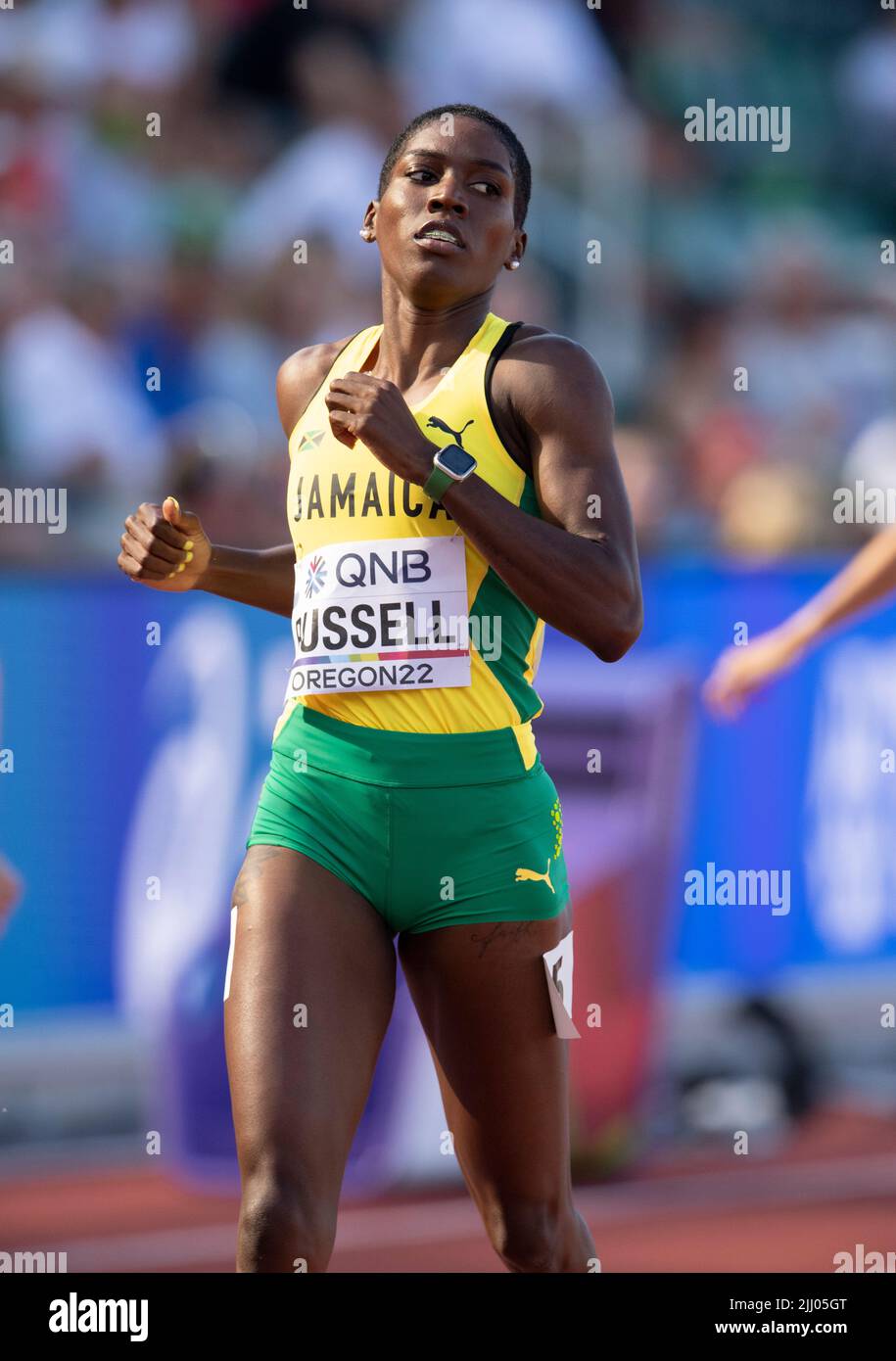 Janieve Russell (JAM) competing in the women’s 400m hurdles heats on