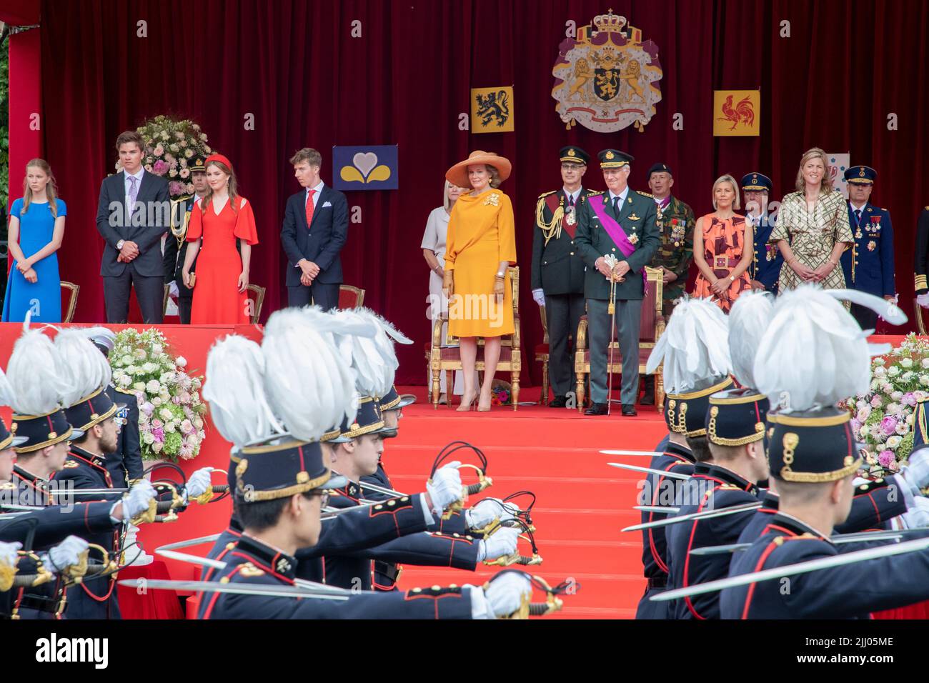 Brussels, Belgium. 21st July, 2022. Princess Eleonore, Prince Gabriel, Crown Princess Elisabeth, Prince Emmanuel, Queen Mathilde of Belgium, King Philippe - Filip of Belgium, Defence minister Ludivine Dedonder and Interior Minister Annelies Verlinden pictured during the military and civilian parade on the Belgian National Day, in Brussels, Thursday 21 July 2022. BELGA PHOTO NICOLAS MAETERLINCK Credit: Belga News Agency/Alamy Live News Stock Photo