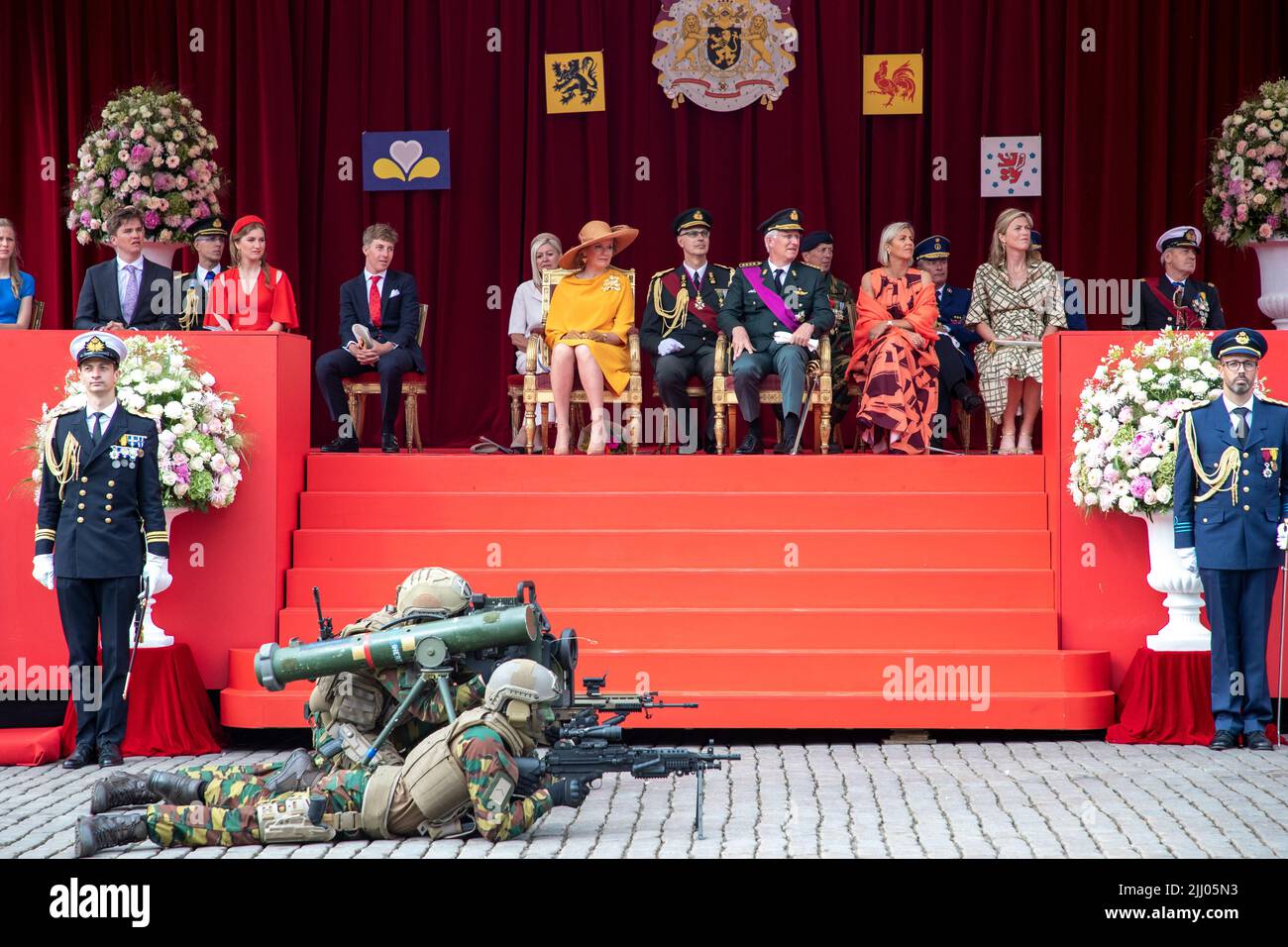 Brussels, Belgium. 21st July, 2022. Princess Eleonore, Prince Gabriel, Crown Princess Elisabeth, Prince Emmanuel, Queen Mathilde of Belgium, King Philippe - Filip of Belgium, Defence minister Ludivine Dedonder and Interior Minister Annelies Verlinden pictured during the military and civilian parade on the Belgian National Day, in Brussels, Thursday 21 July 2022. BELGA PHOTO NICOLAS MAETERLINCK Credit: Belga News Agency/Alamy Live News Stock Photo