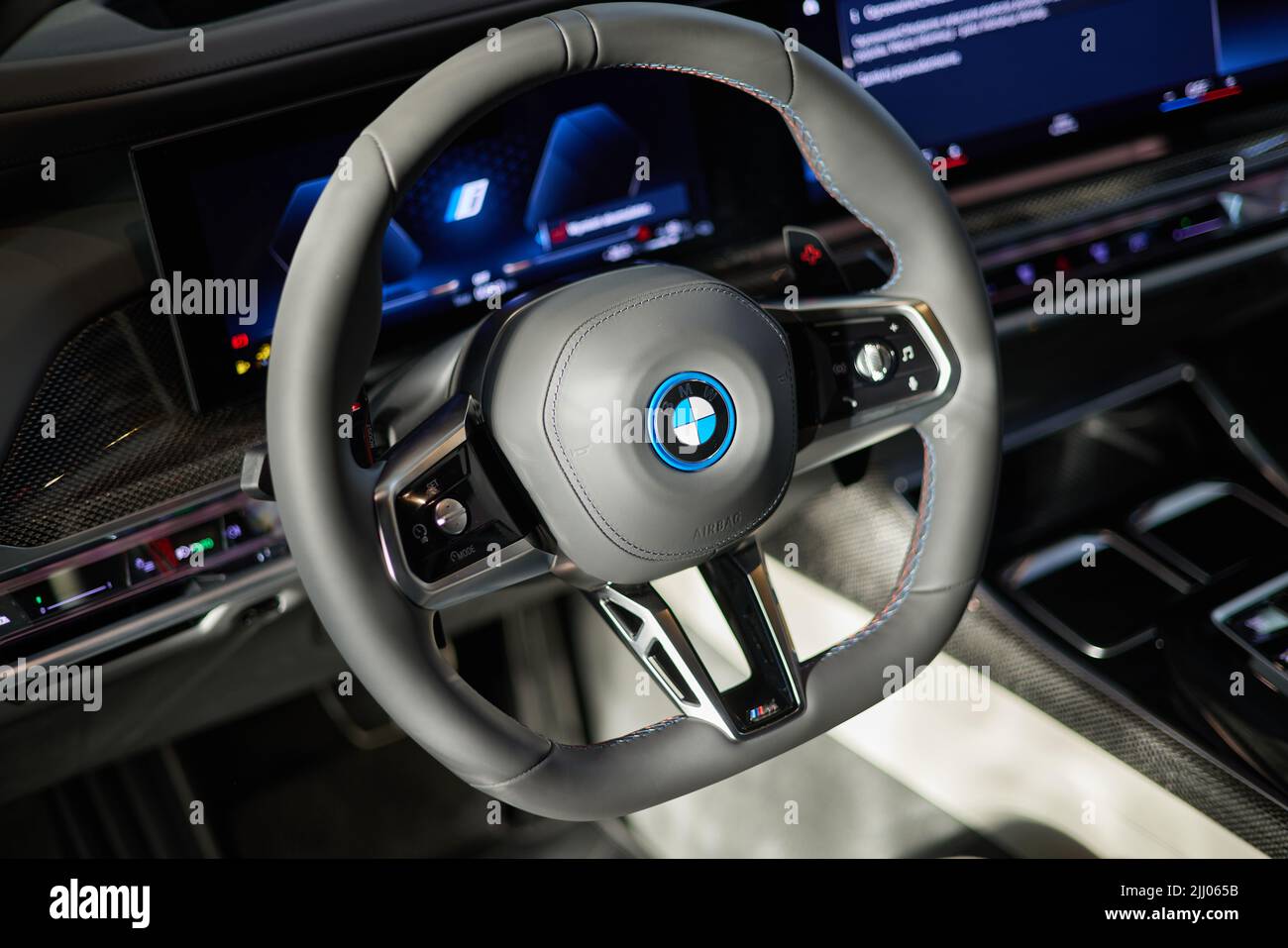 The interior of the new BMW 7 Series. The cockpit is finished in Swarovski  crystals. Poland, Katowice, 14.05.2022 Stock Photo - Alamy