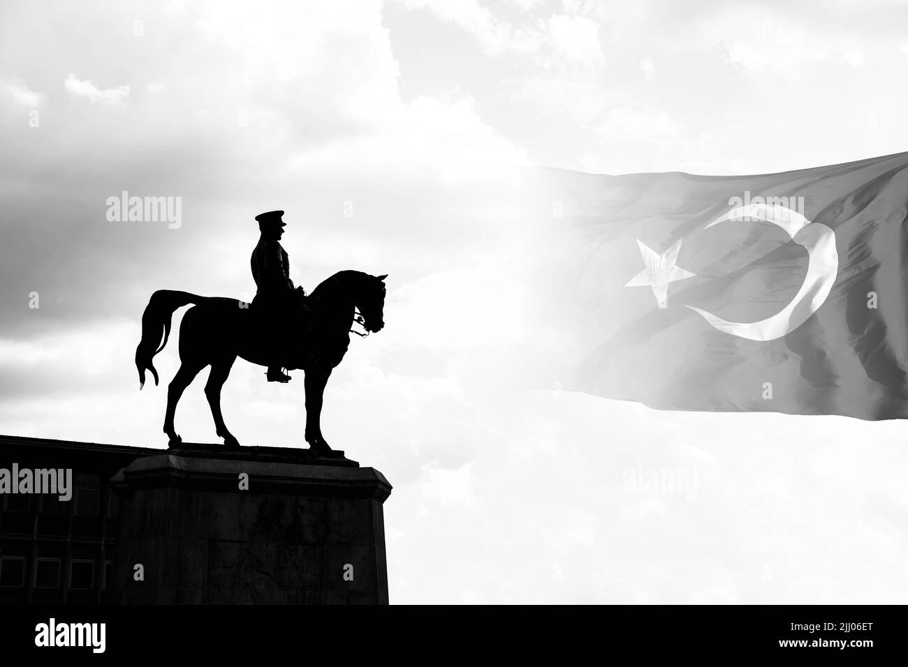 Monochrome silhouette of monument of Ataturk and Turkish Flag. 10 kasim or 10th november memorial day of Ataturk concept photo. Stock Photo