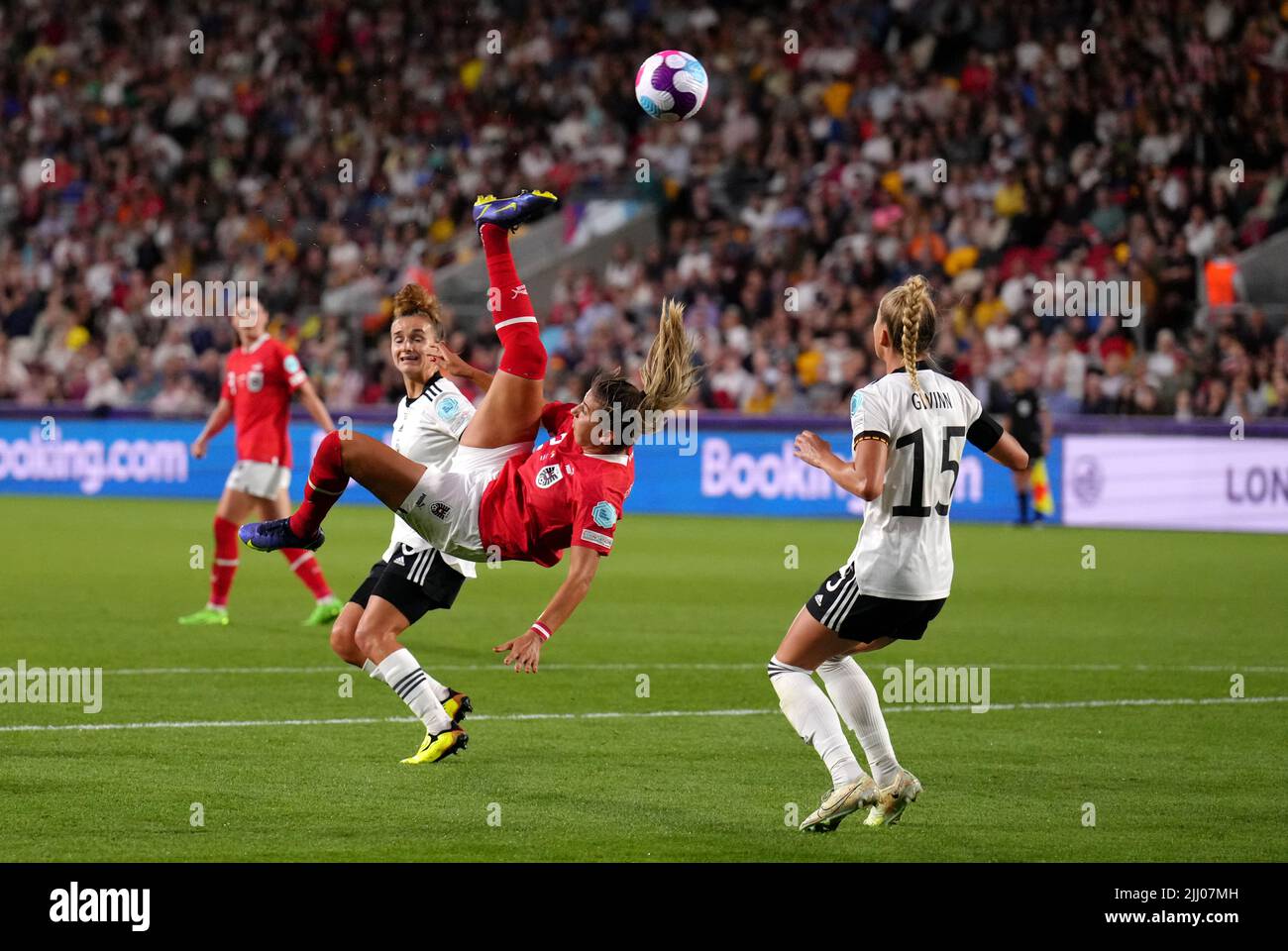 Austria's Marina Georgieva attempts an over head kick during the UEFA Women's Euro 2022 quarter-final match at Brentford Community Stadium, London. Picture date: Thursday July 21, 2022. Stock Photo