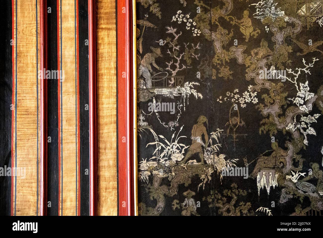 Detail of oriental-style Chinese wallpaper in the Chinese Room at 17th century baroque royal Wilanow Palace, Warsaw, Poland Stock Photo