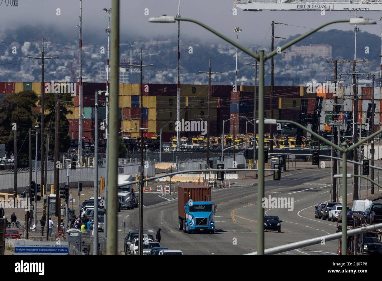 Shipping containers are seen at a terminal inside the Port of Oakland as truck drivers continue protesting against California's new law known as AB5, in Oakland, California, U.S., July 21, 2022. REUTERS/Carlos Barria Stock Photo