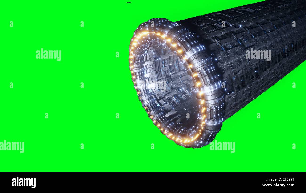 Space futuristic base with ships traffic. Futuristic concept. Green screen isolate. 3d rendering. Stock Photo