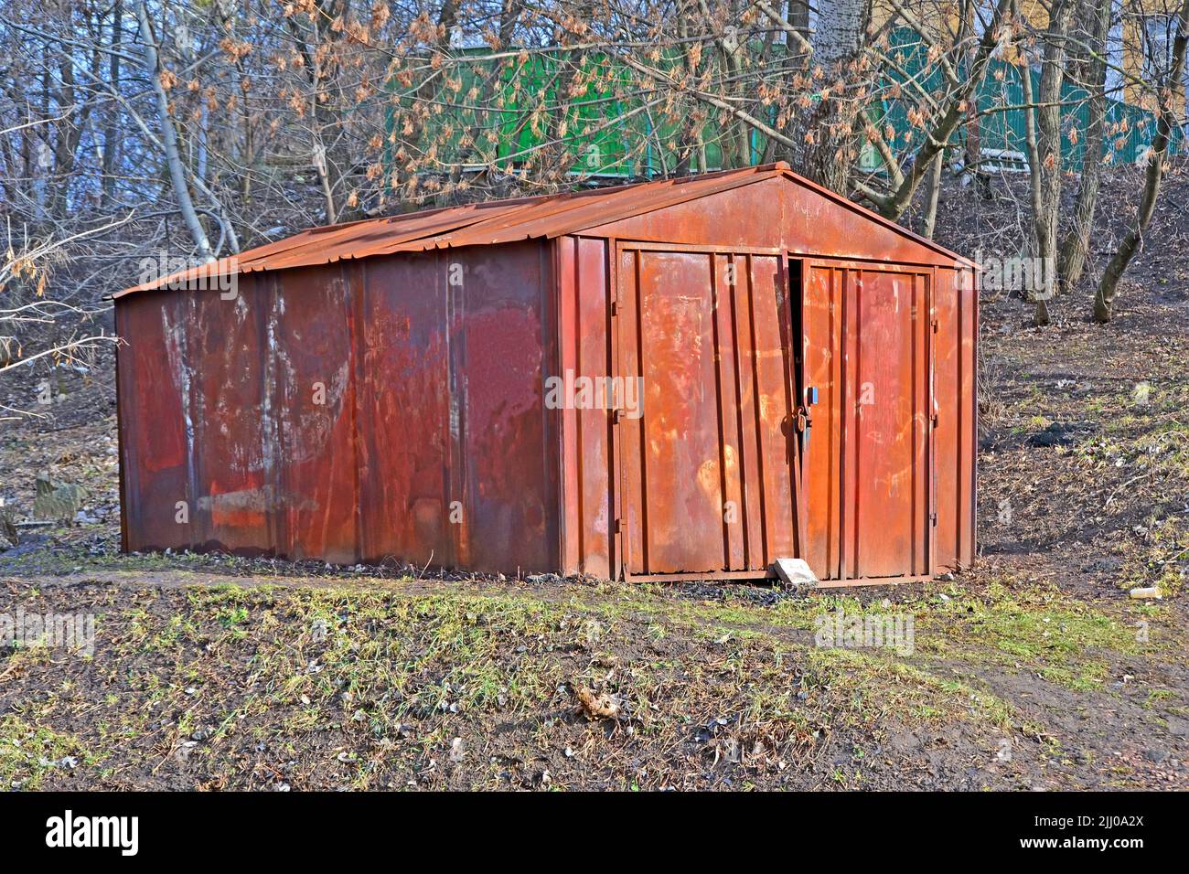 abandoned vintage rysty garage aka shed, closed metal box, old container diversity Stock Photo