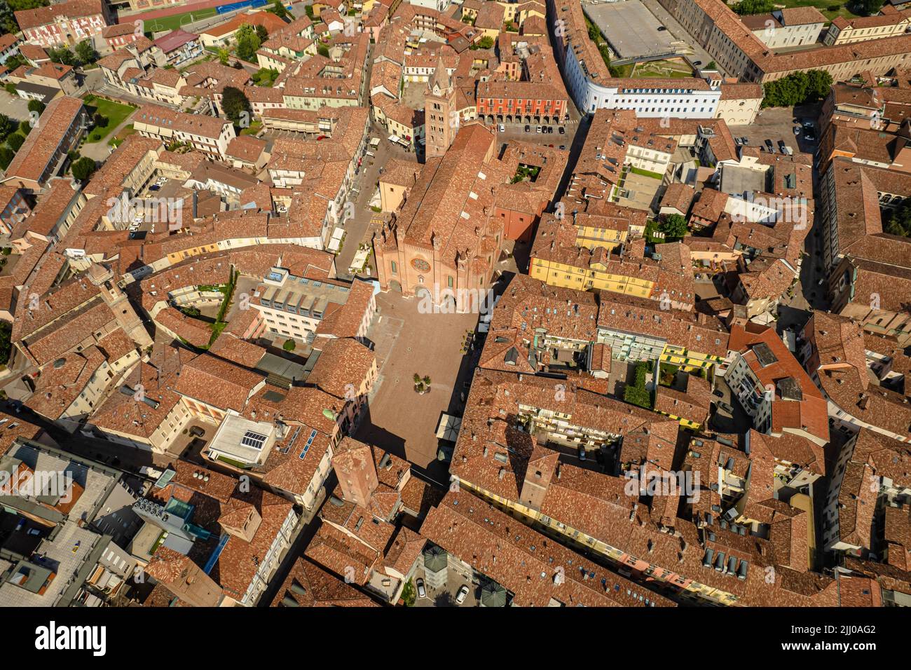 Aerial view of the historic center of Alba with the cathedral of San Lorenzo. Stock Photo