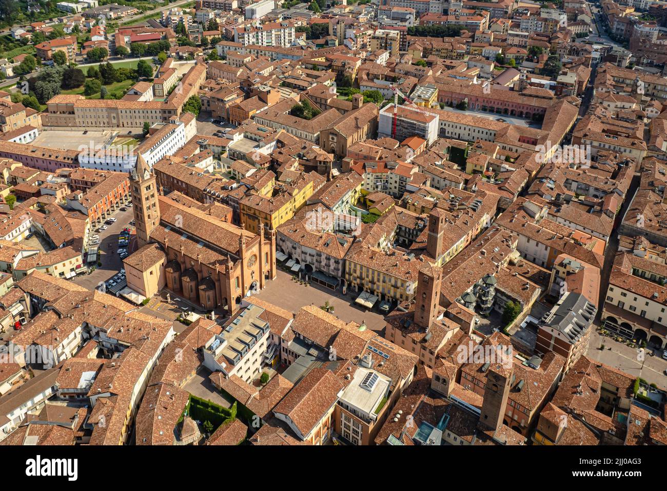 Aerial view of the historic center of Alba with the cathedral of San Lorenzo. Stock Photo