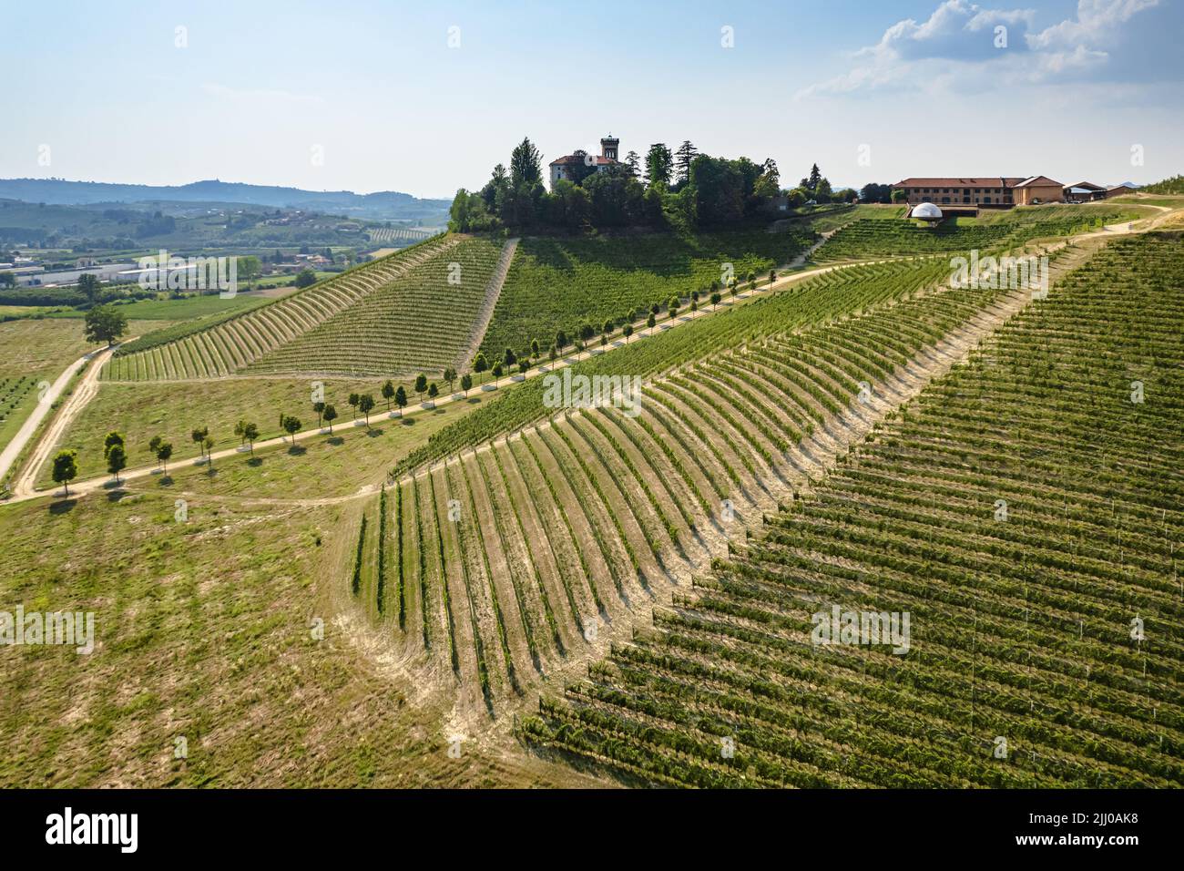 Beautiful hills and vineyards surrounding La Morra village in the Langhe region. Cuneo, Piedmont, Italy Stock Photo
